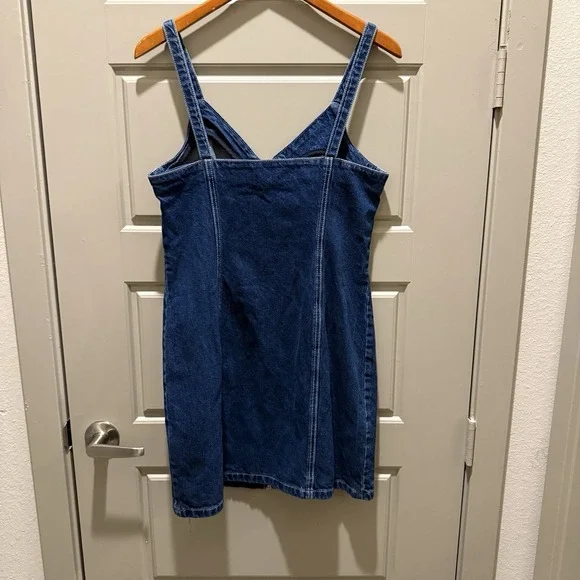 TOPSHOP MOTO Zip Front Denim Dress in Indigo Size 8 Bodycon Mini V-Neck EUC - Picture 3 of 9